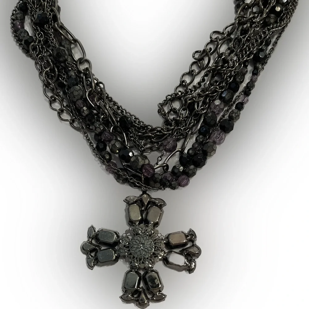 Stunning, dark blue black and purple, multi strand cross neck… - Picture 7 of 17